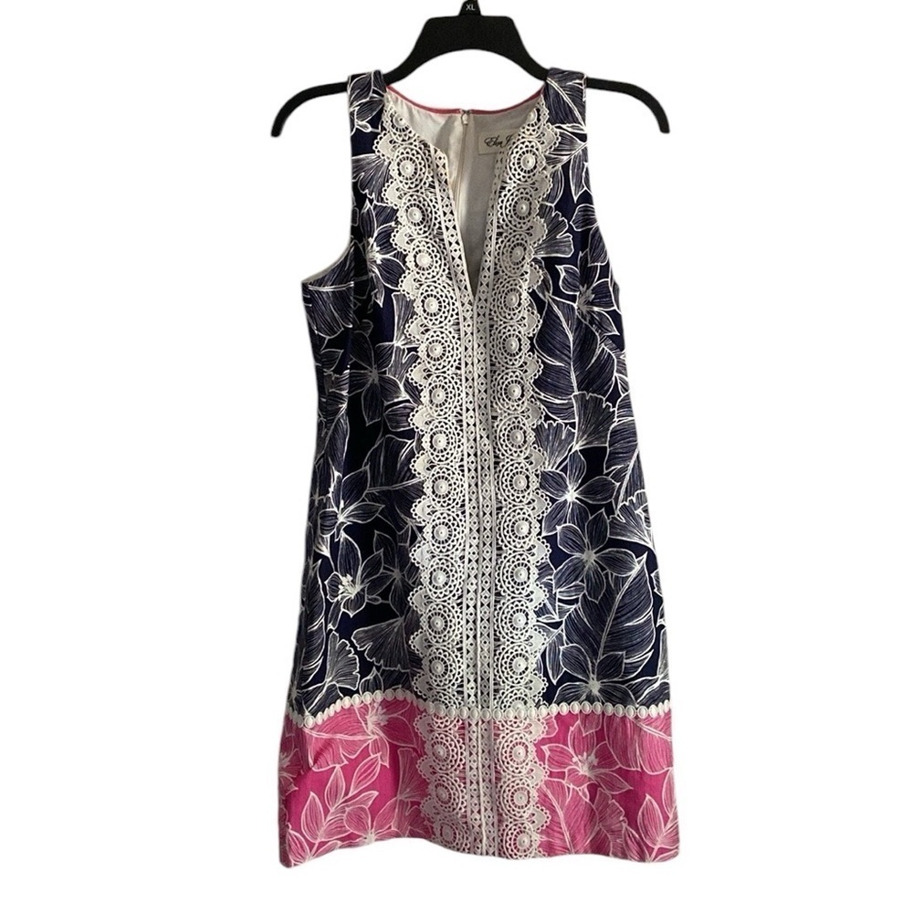 ELIZA J NAVY BLUE AND PINK FLORAL LACE SLEEVELESS MINI SHIFT V-NECK DRESS SIZE 4